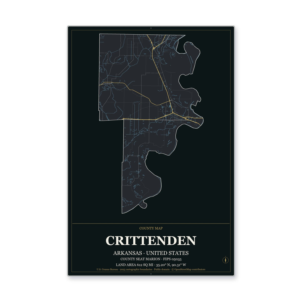 Crittenden County, Arkansas Map Aluminum Sign in Metropolitan Noir style