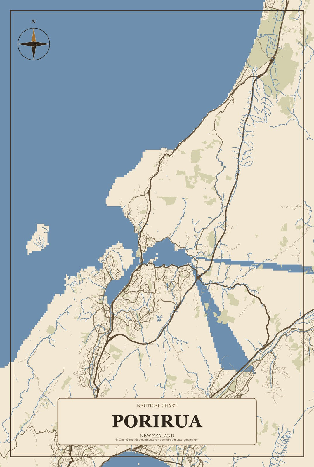 Porirua, New Zealand City Map Aluminum Sign in Heritage Nautical style