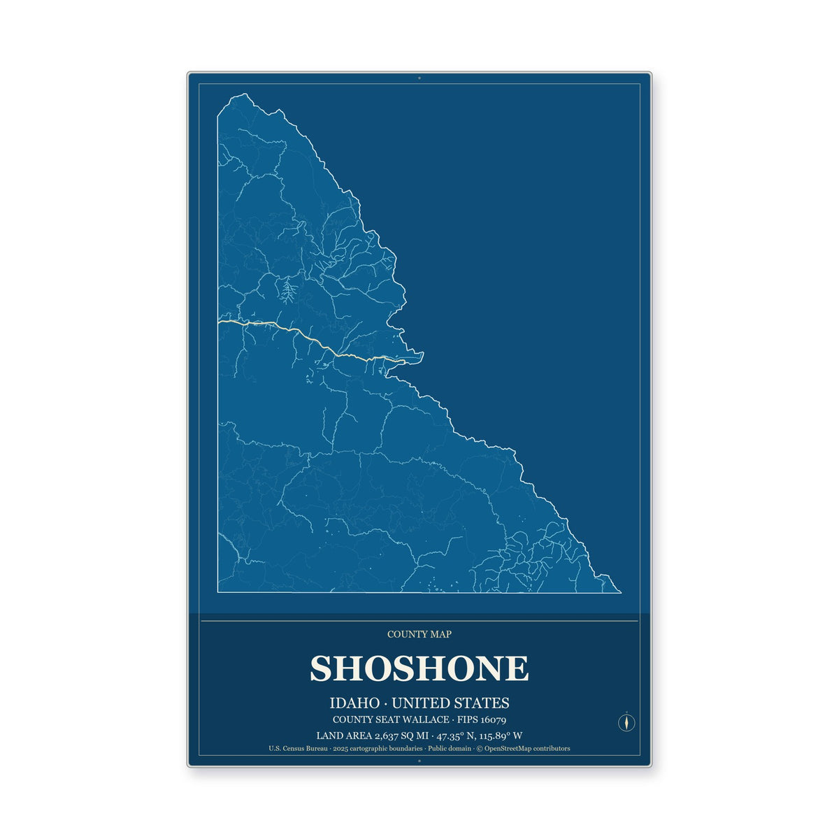 Shoshone County, Idaho Map Aluminum Sign in Harbor Cobalt style
