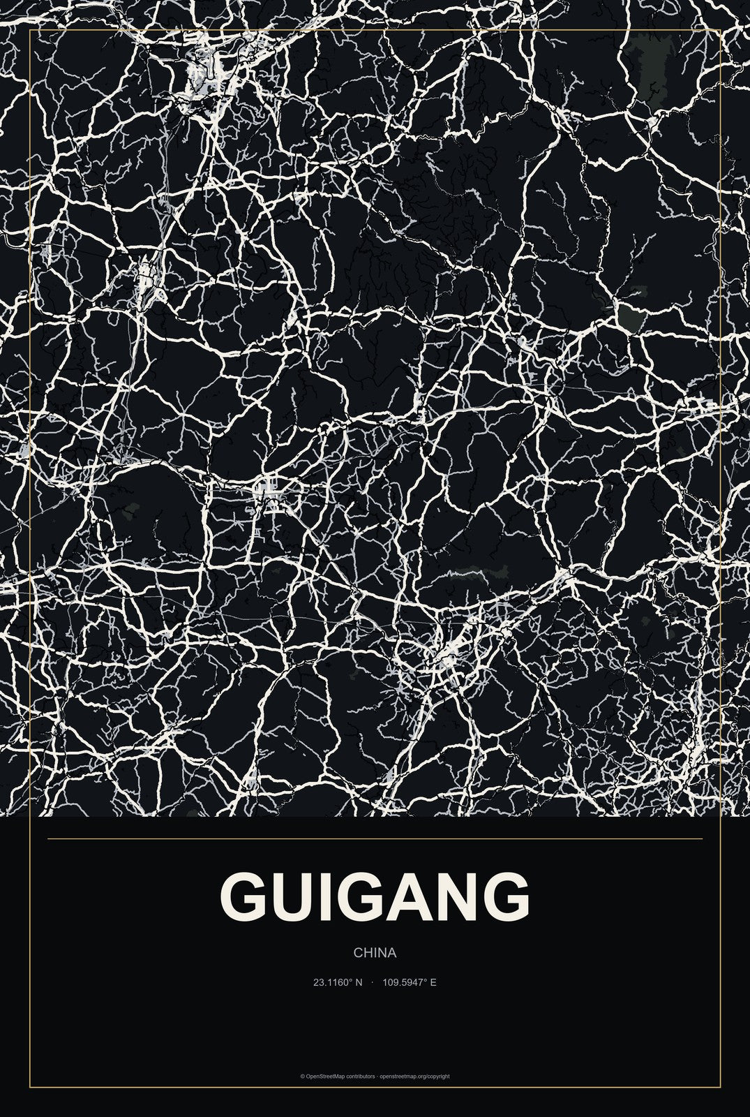 Guigang, China City Map Aluminum Sign in Metropolitan Noir style