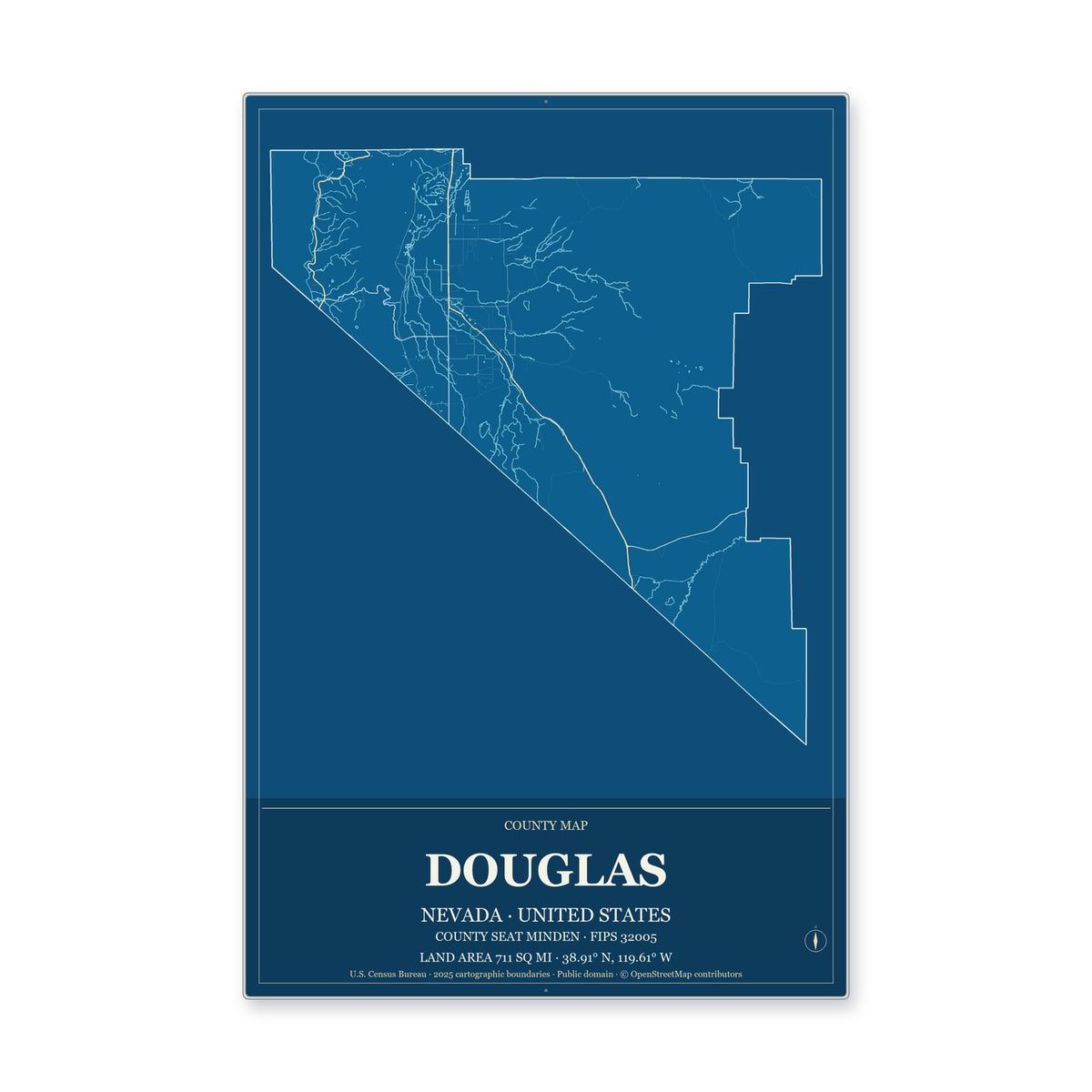 Douglas County, Nevada Map Aluminum Sign in Harbor Cobalt style