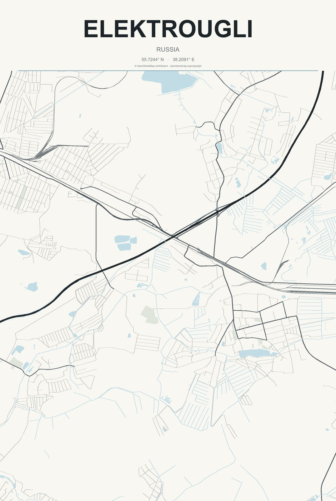 Elektrougli, Russia City Map Aluminum Sign in Headline Atlas style