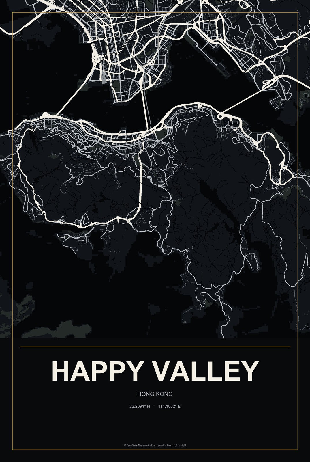 Happy Valley, Hong Kong City Map Aluminum Sign in Metropolitan Noir style