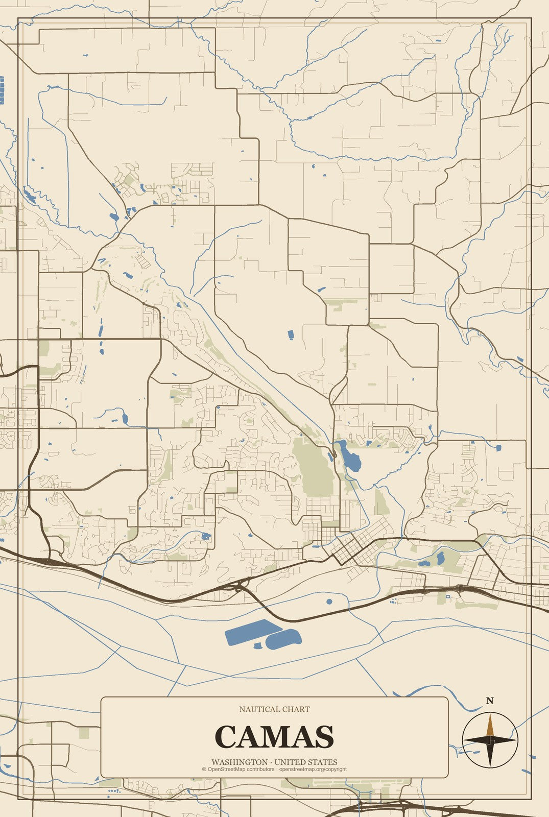 Camas, Washington City Map Aluminum Sign in Heritage Nautical style