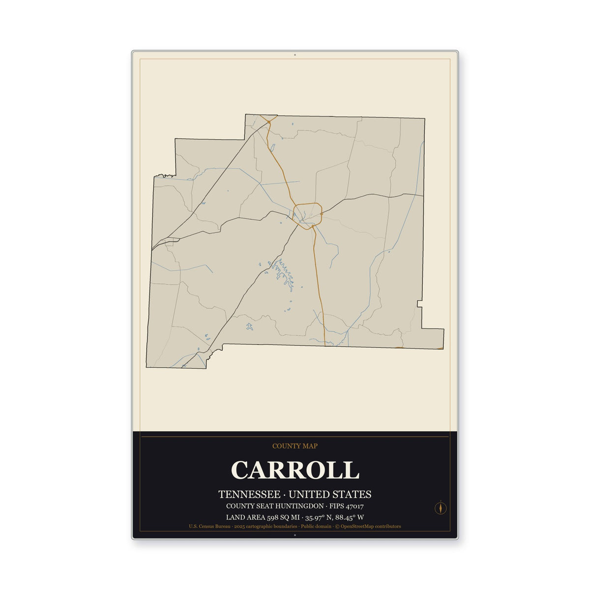 Carroll County, Tennessee Map Aluminum Sign in Museum Plaque style