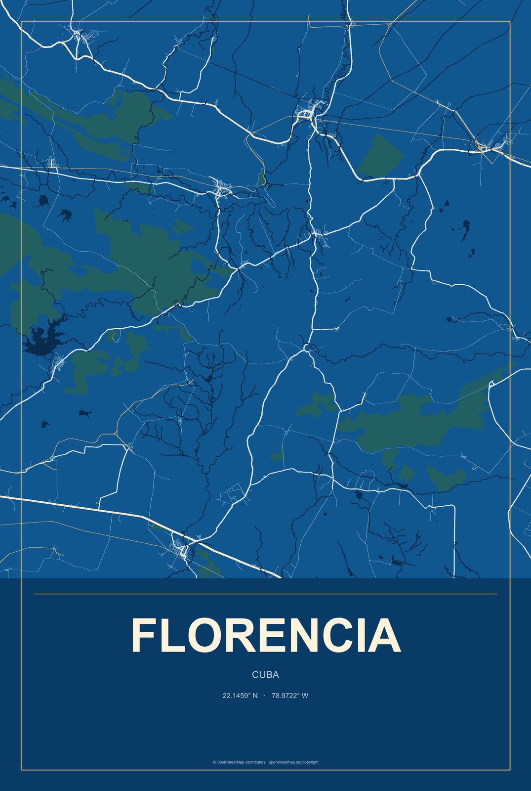 Florencia, Cuba City Map Aluminum Sign in Harbor Cobalt style