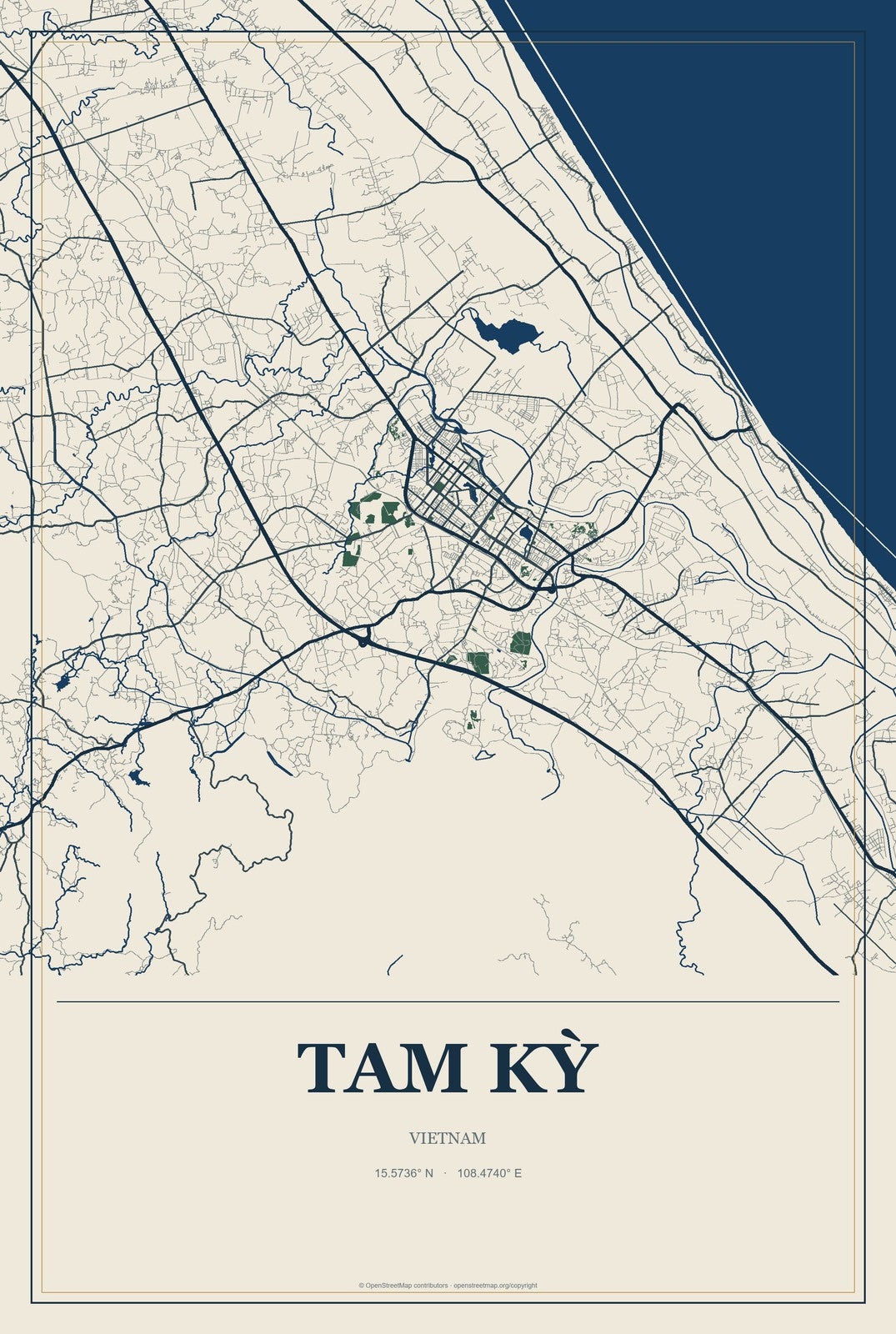 Tam Kỳ, Vietnam City Map Aluminum Sign in Coastal Cutout style