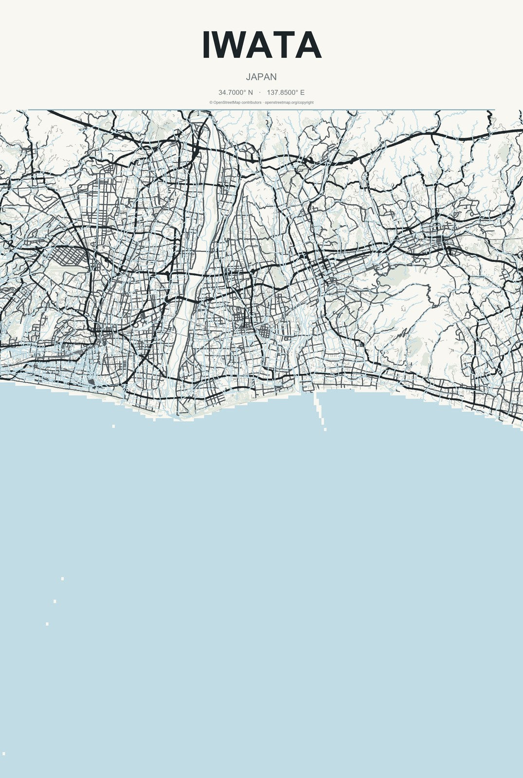 Iwata, Japan City Map Aluminum Sign in Headline Atlas style