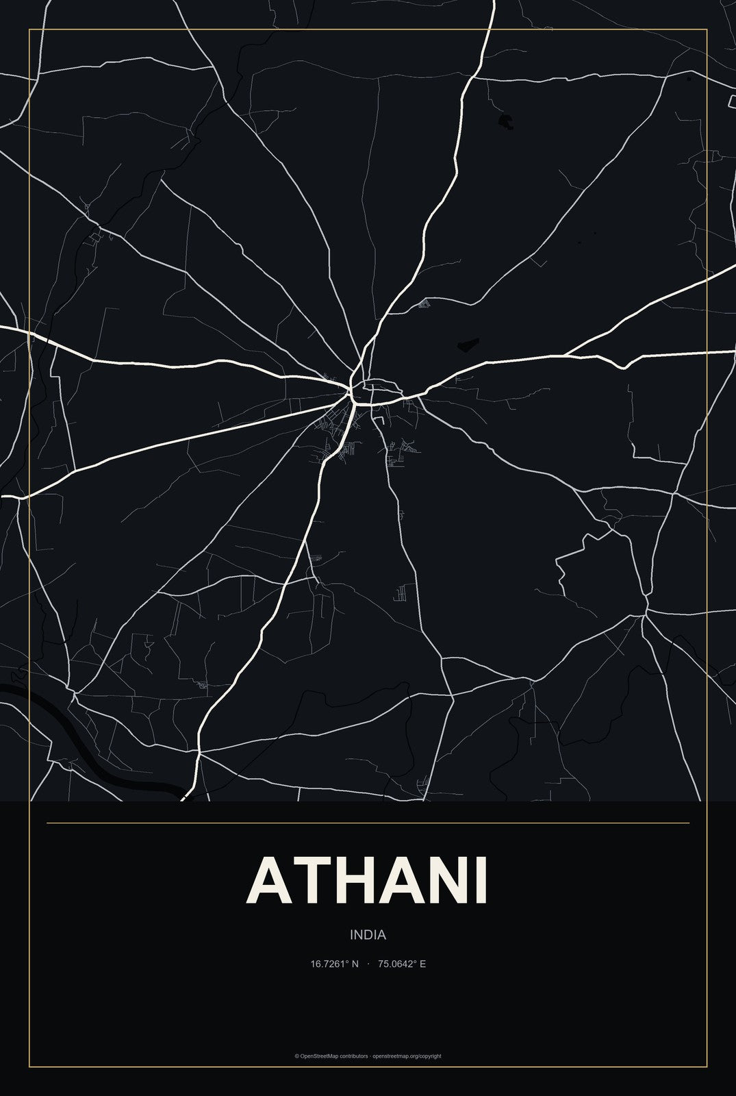 Athani, India City Map Aluminum Sign in Metropolitan Noir style