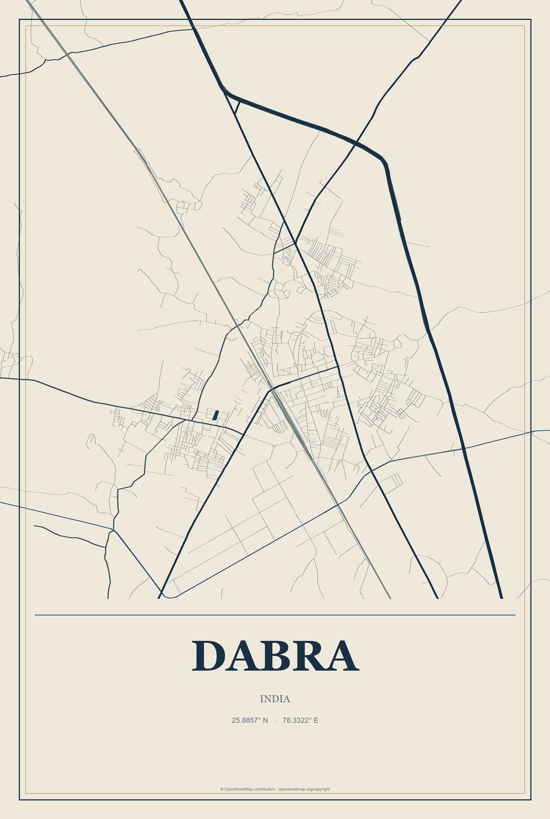 Dabra, India City Map Aluminum Sign in Coastal Cutout style