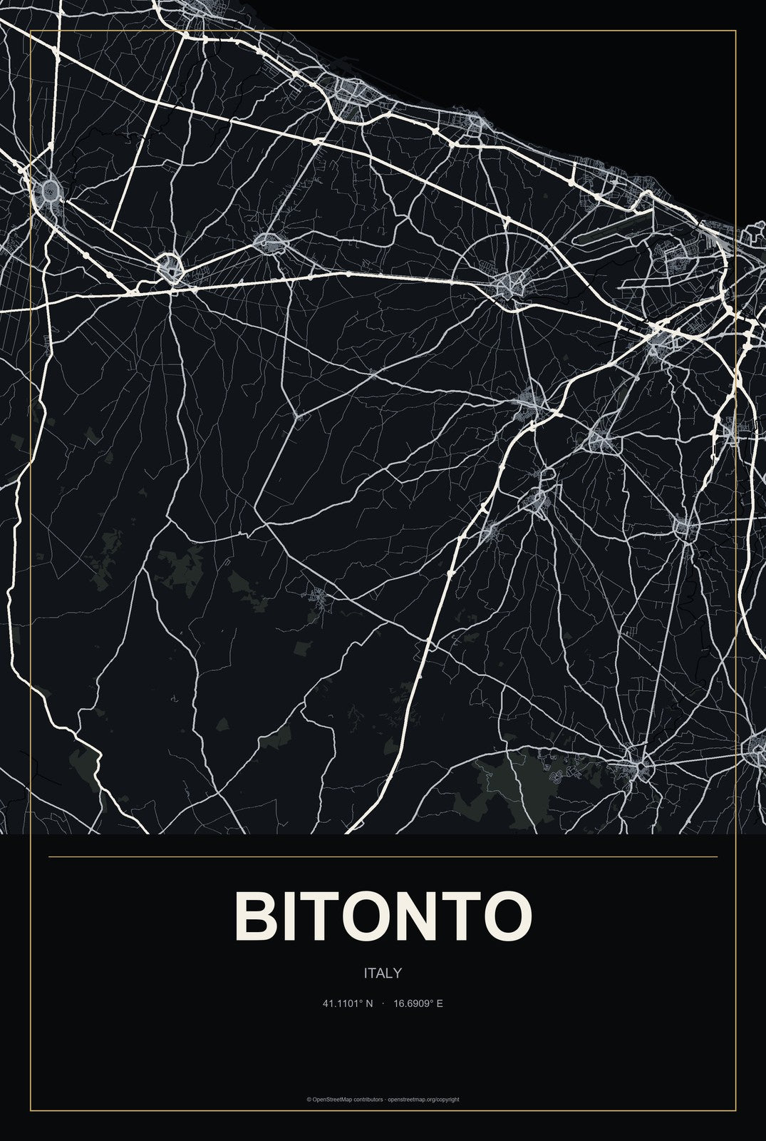 Bitonto, Italy City Map Aluminum Sign in Metropolitan Noir style