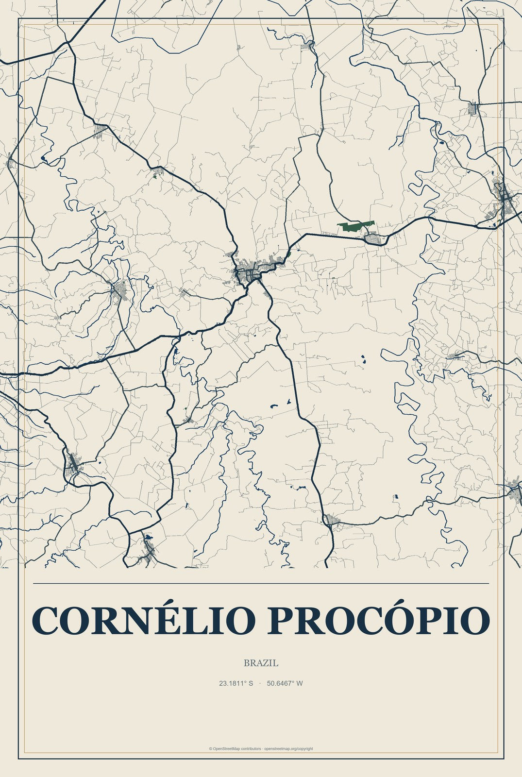 Cornélio Procópio, Brazil City Map Aluminum Sign in Coastal Cutout style