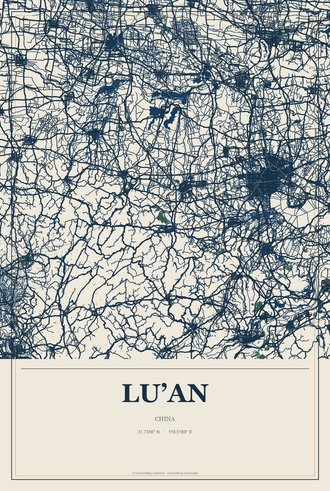 Lu’an, China City Map Aluminum Sign in Coastal Cutout style