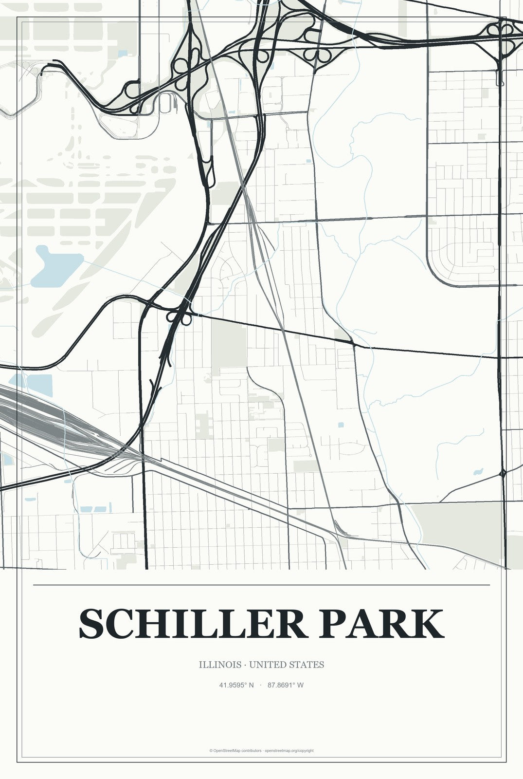 Schiller Park, Illinois City Map Aluminum Sign in Gallery Air style