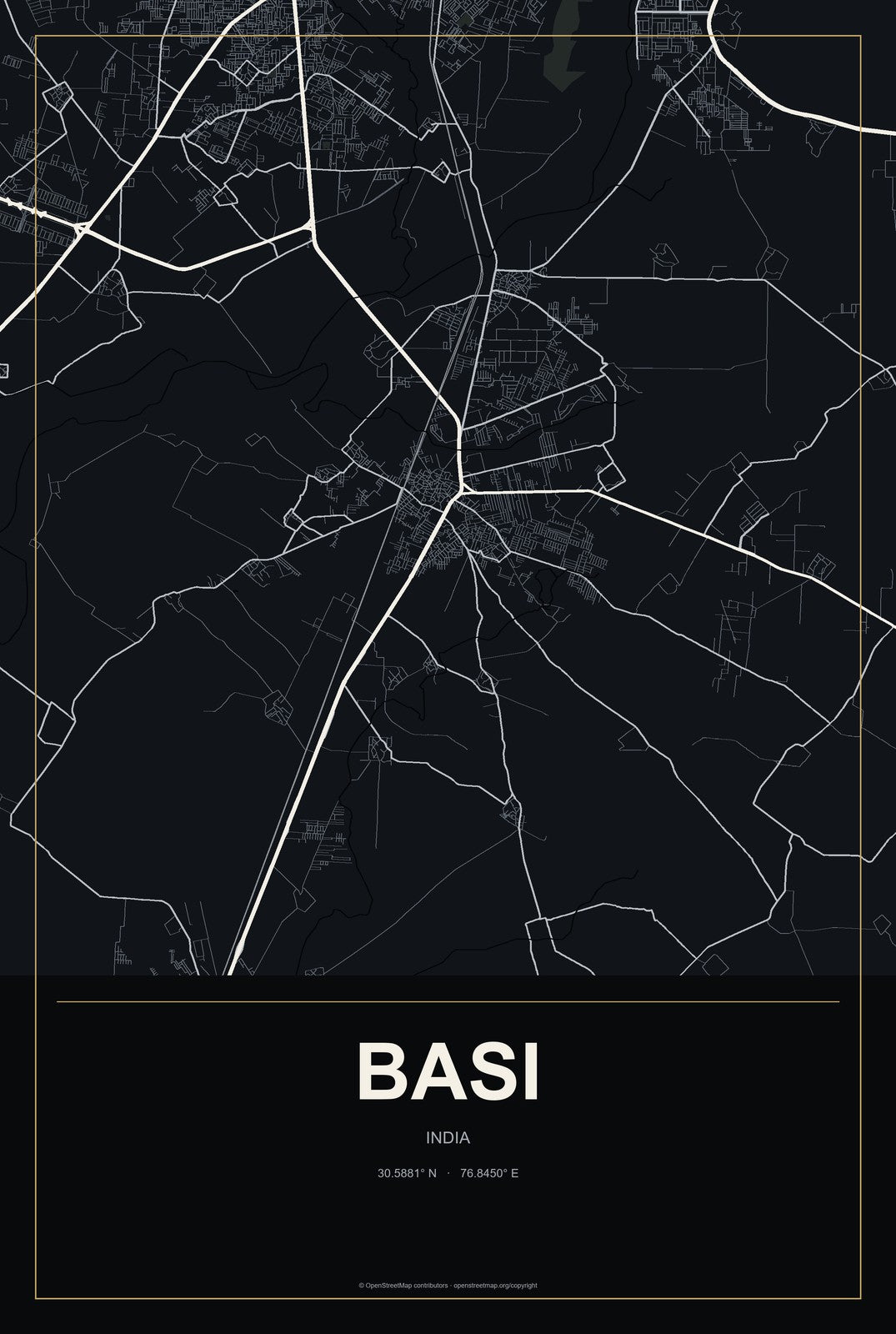 Basi, Punjab, India City Map Aluminum Sign in Metropolitan Noir style
