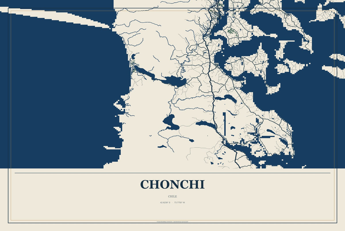 Chonchi, Chile City Map Aluminum Sign in Coastal Cutout style