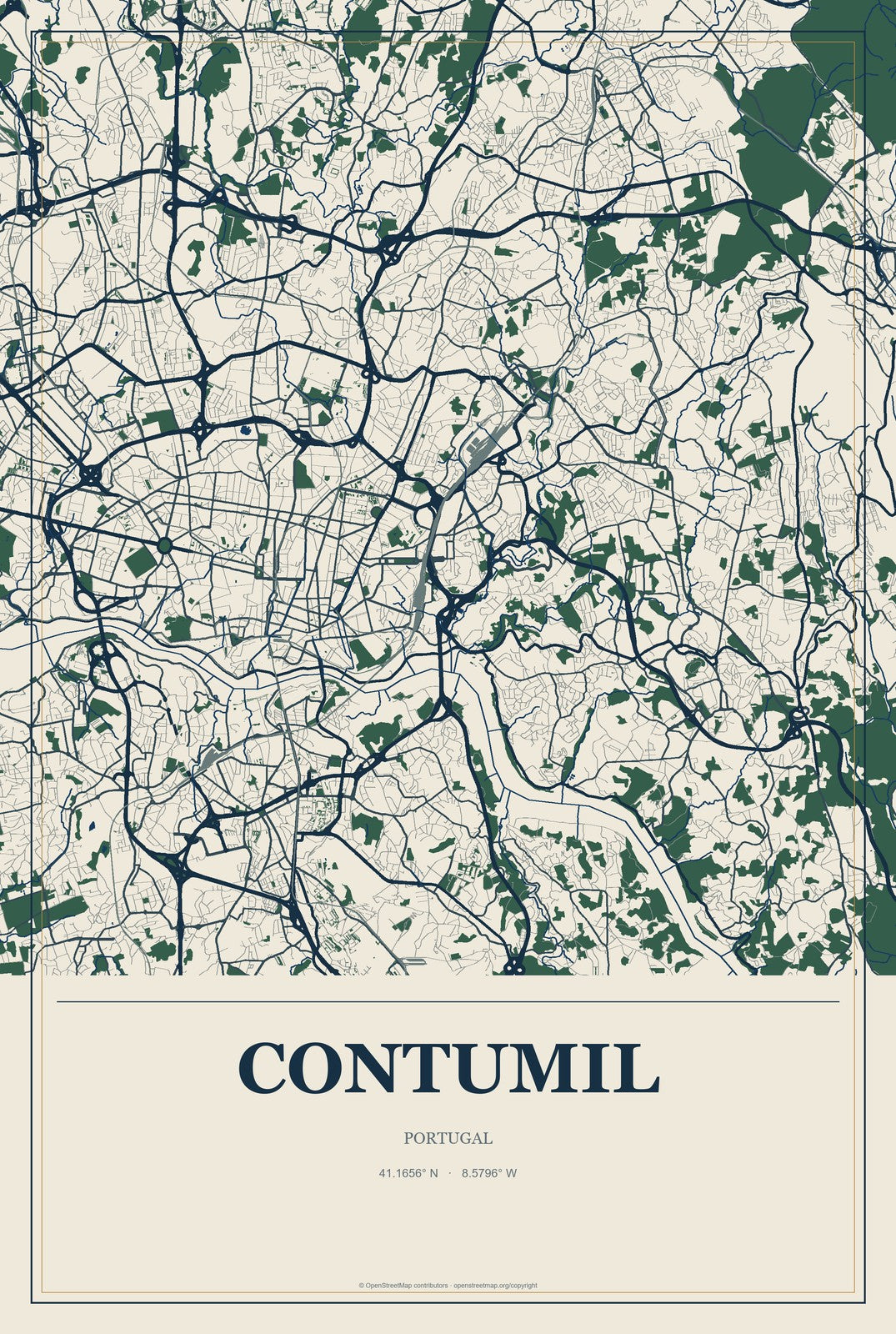 Contumil, Portugal City Map Aluminum Sign in Coastal Cutout style