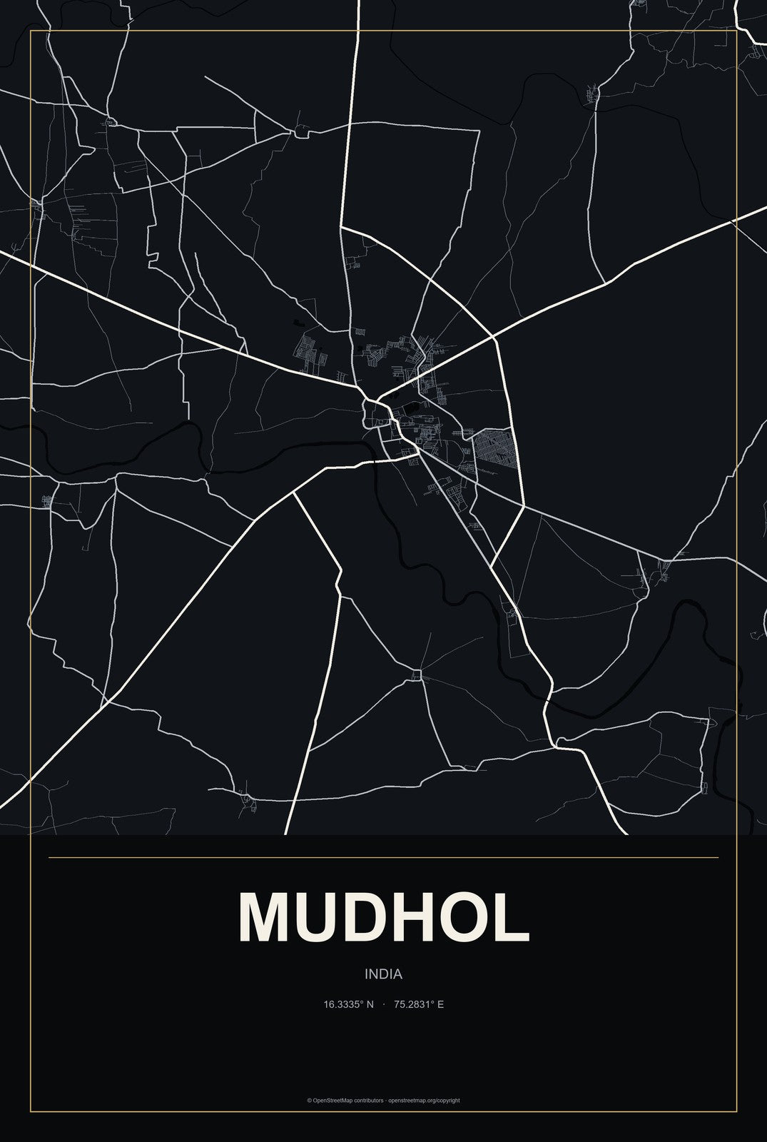 Mudhol, India City Map Aluminum Sign in Metropolitan Noir style