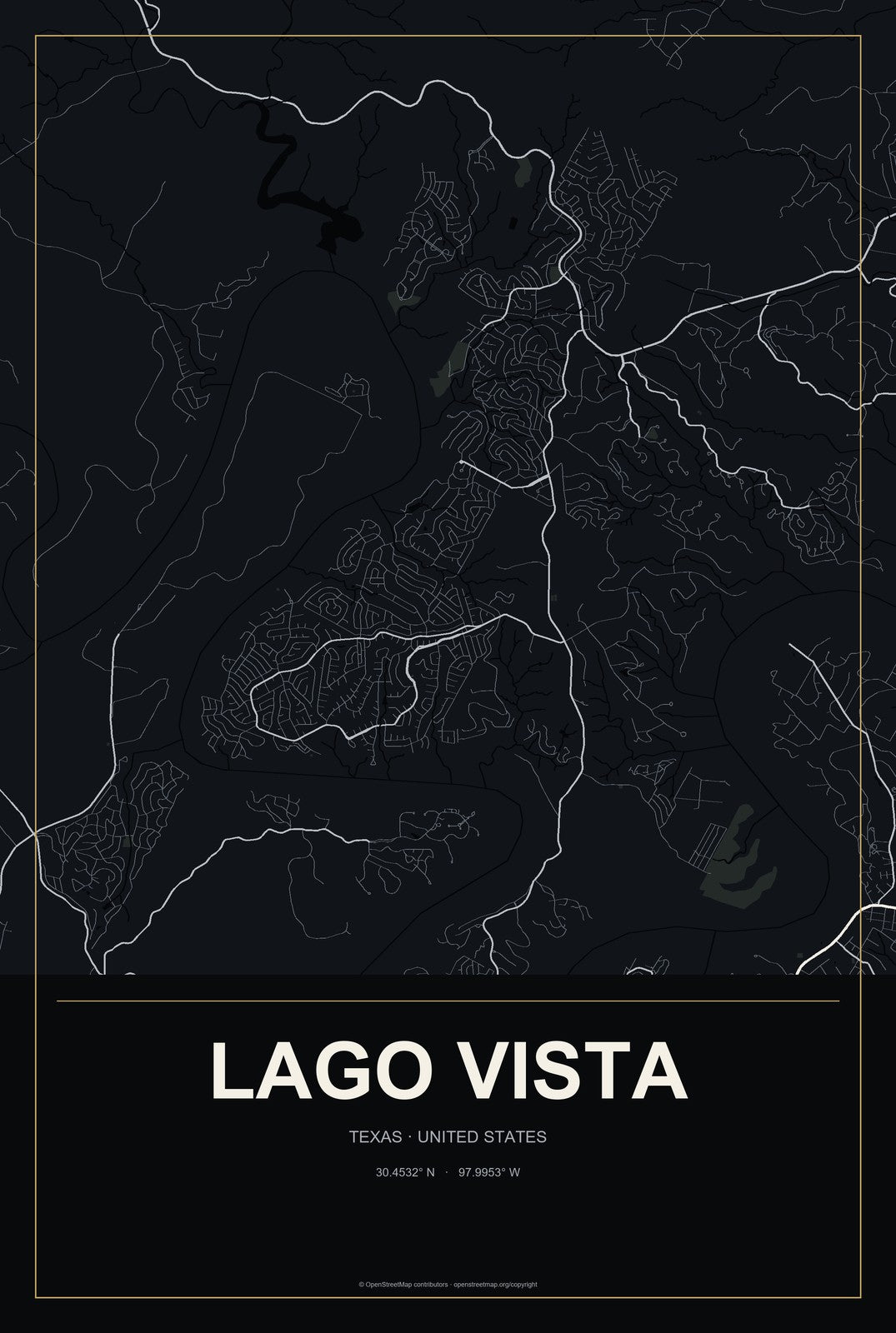 Lago Vista, Texas City Map Aluminum Sign in Metropolitan Noir style