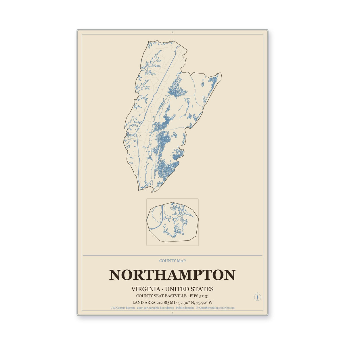 Northampton County, Virginia Map Aluminum Sign in Heritage Nautical style