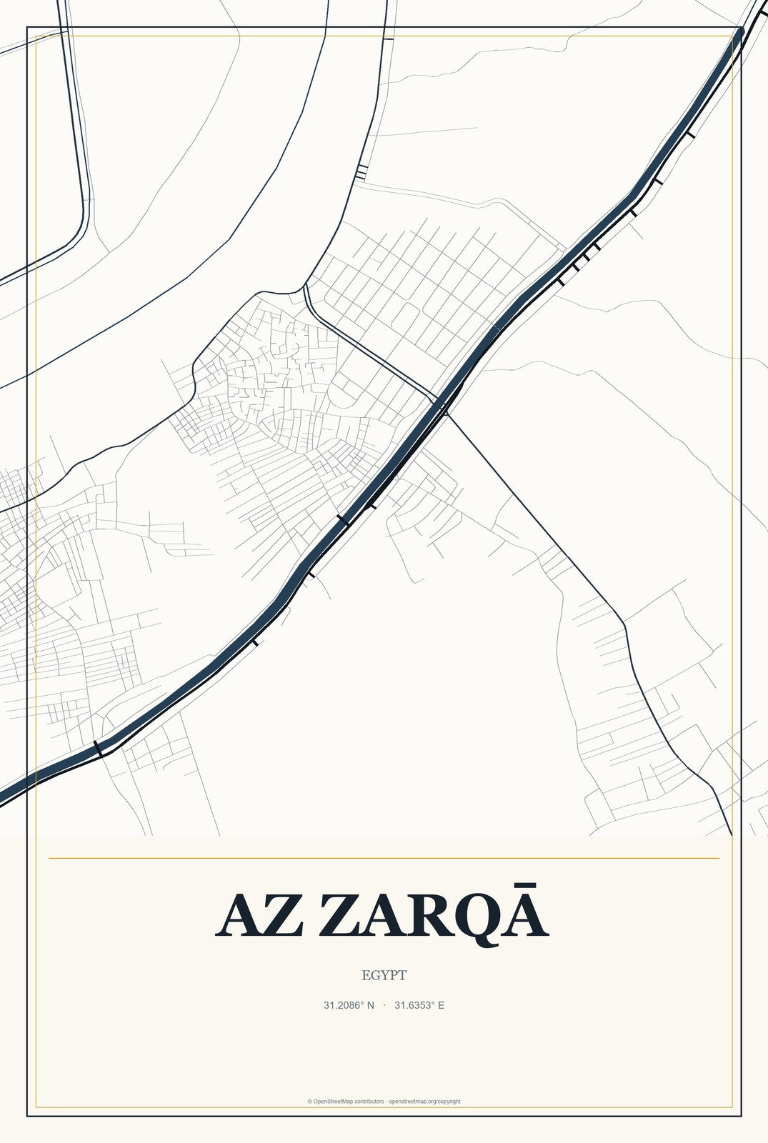 Az Zarqā, Egypt City Map Aluminum Sign in Citrine Modern style