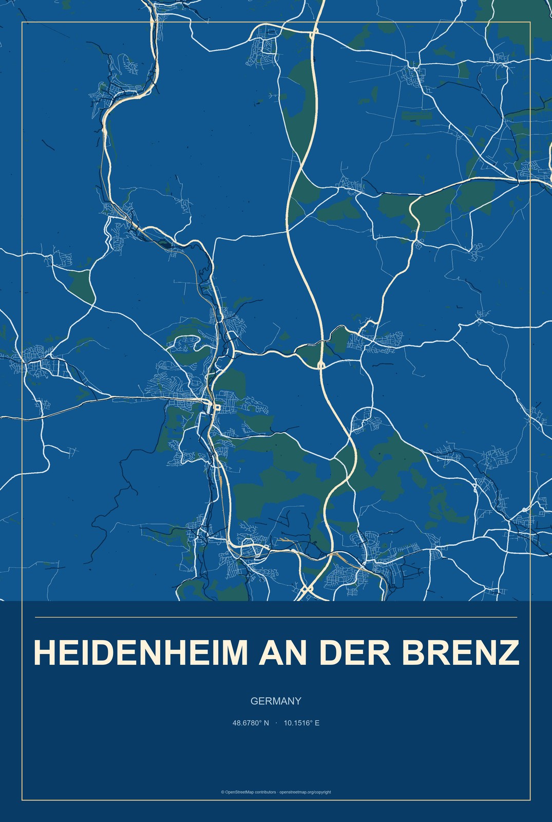 Heidenheim an der Brenz, Germany City Map Aluminum Sign in Harbor Cobalt style