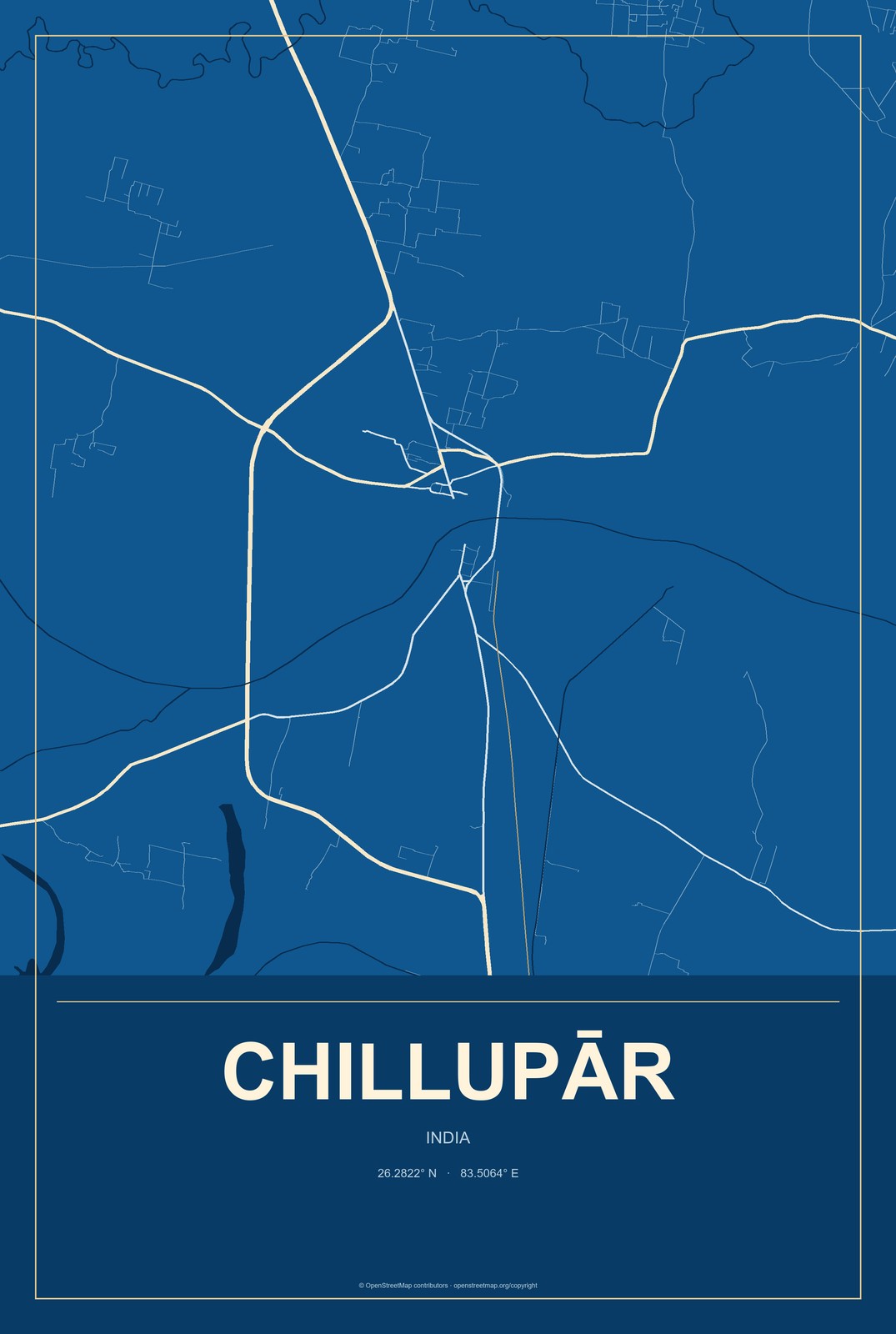 Chillupār, India City Map Aluminum Sign in Harbor Cobalt style