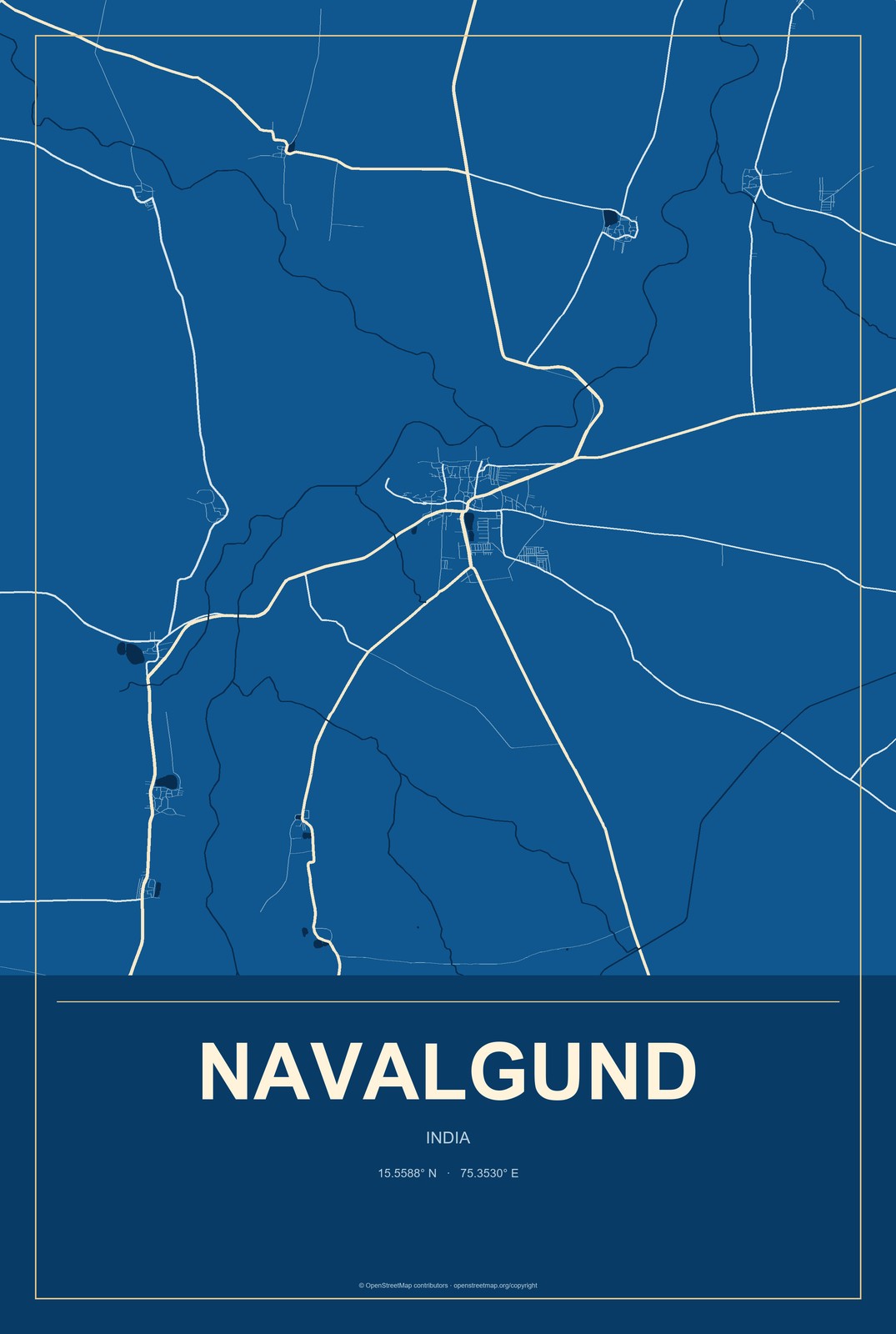 Navalgund, India City Map Aluminum Sign in Harbor Cobalt style