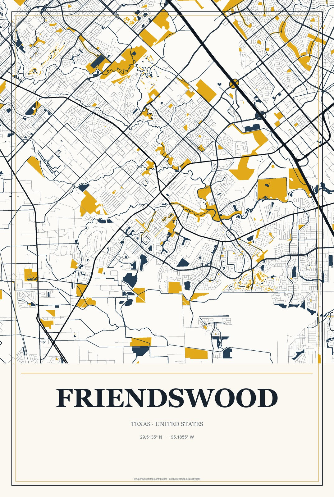 Friendswood, Texas City Map Aluminum Sign in Citrine Modern style