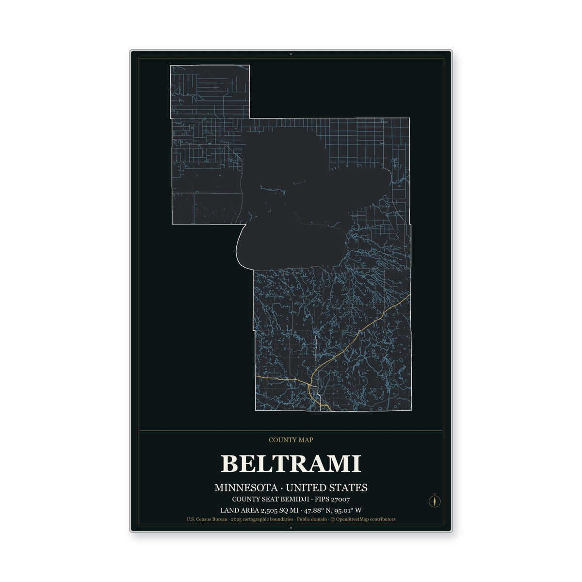 Beltrami County, Minnesota Map Aluminum Sign in Metropolitan Noir style