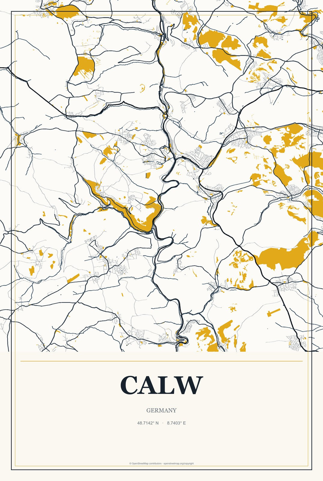 Calw, Germany City Map Aluminum Sign in Citrine Modern style