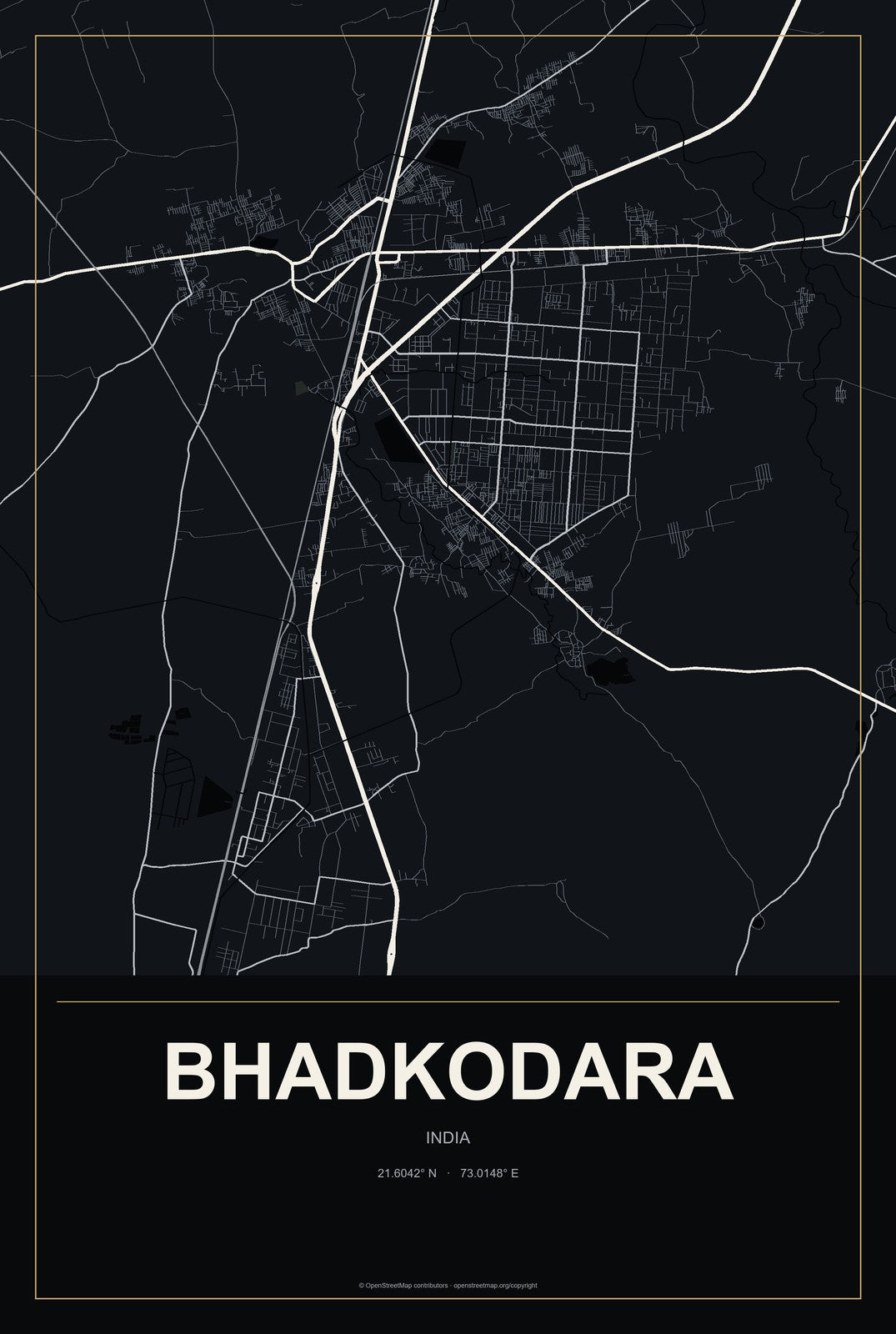 Bhadkodara, India City Map Aluminum Sign in Metropolitan Noir style