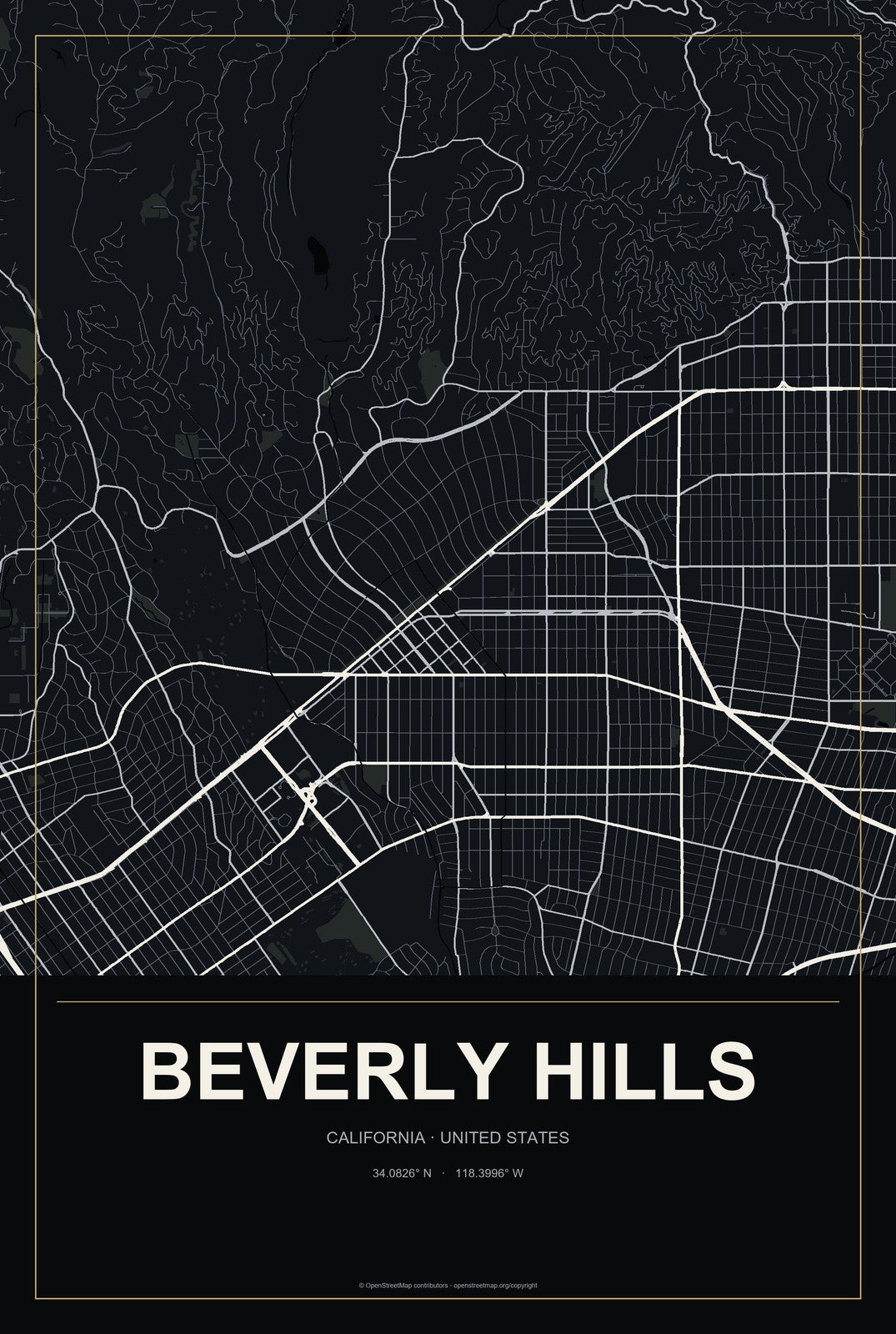 Beverly Hills, California City Map Aluminum Sign in Metropolitan Noir style