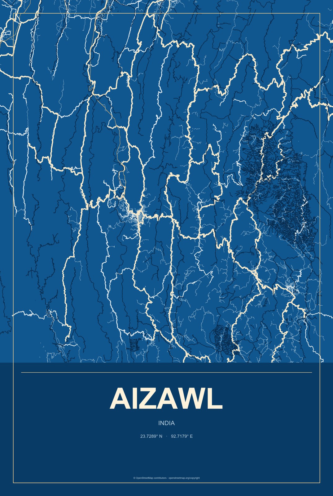 Aizawl, India City Map Aluminum Sign in Harbor Cobalt style