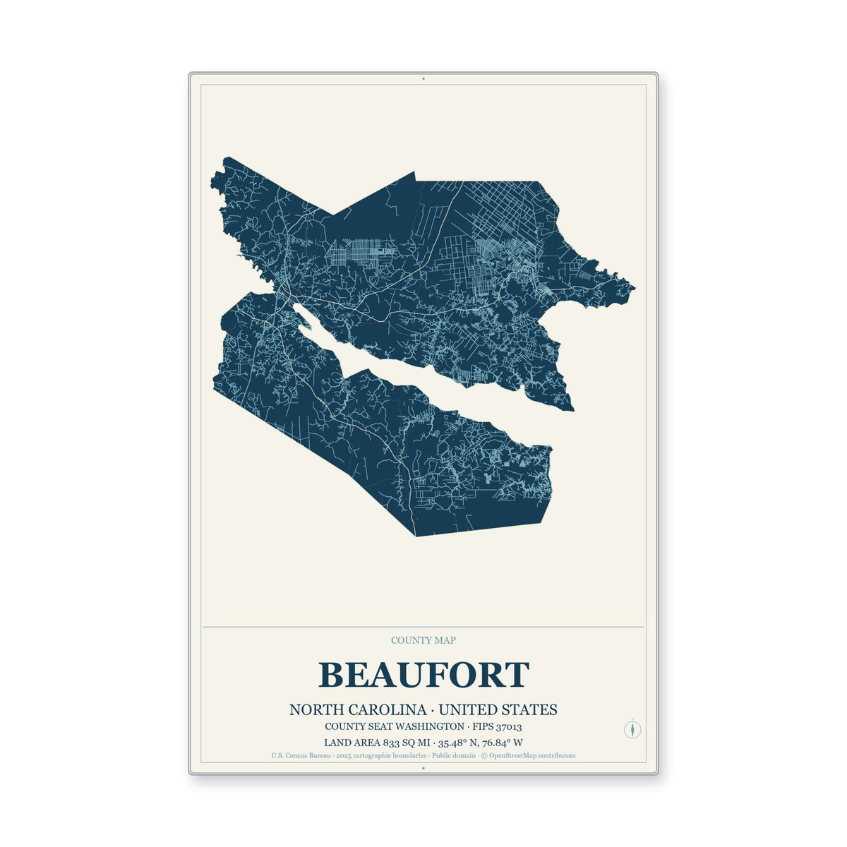 Beaufort County, North Carolina Map Aluminum Sign in Coastal Cutout style