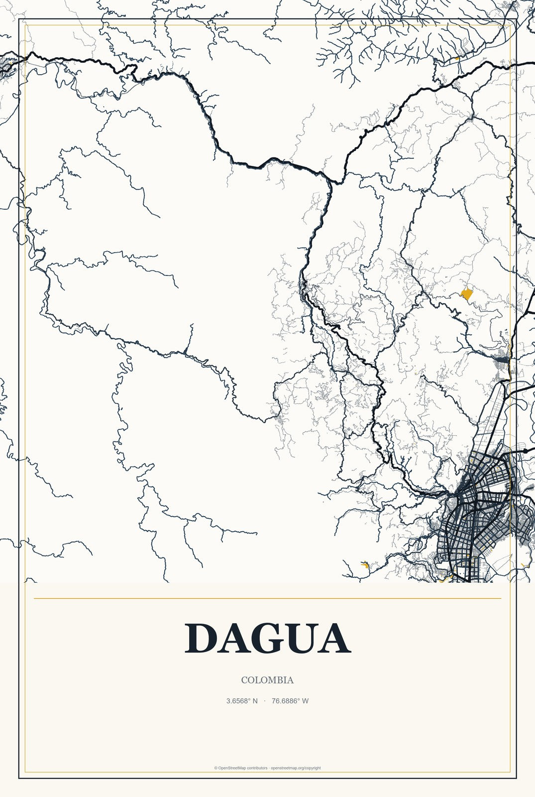 Dagua, Colombia City Map Aluminum Sign in Citrine Modern style