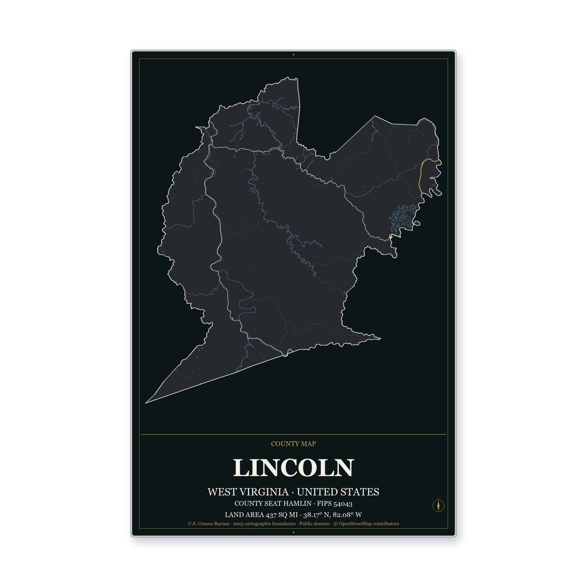 Lincoln County, West Virginia Map Aluminum Sign in Metropolitan Noir style