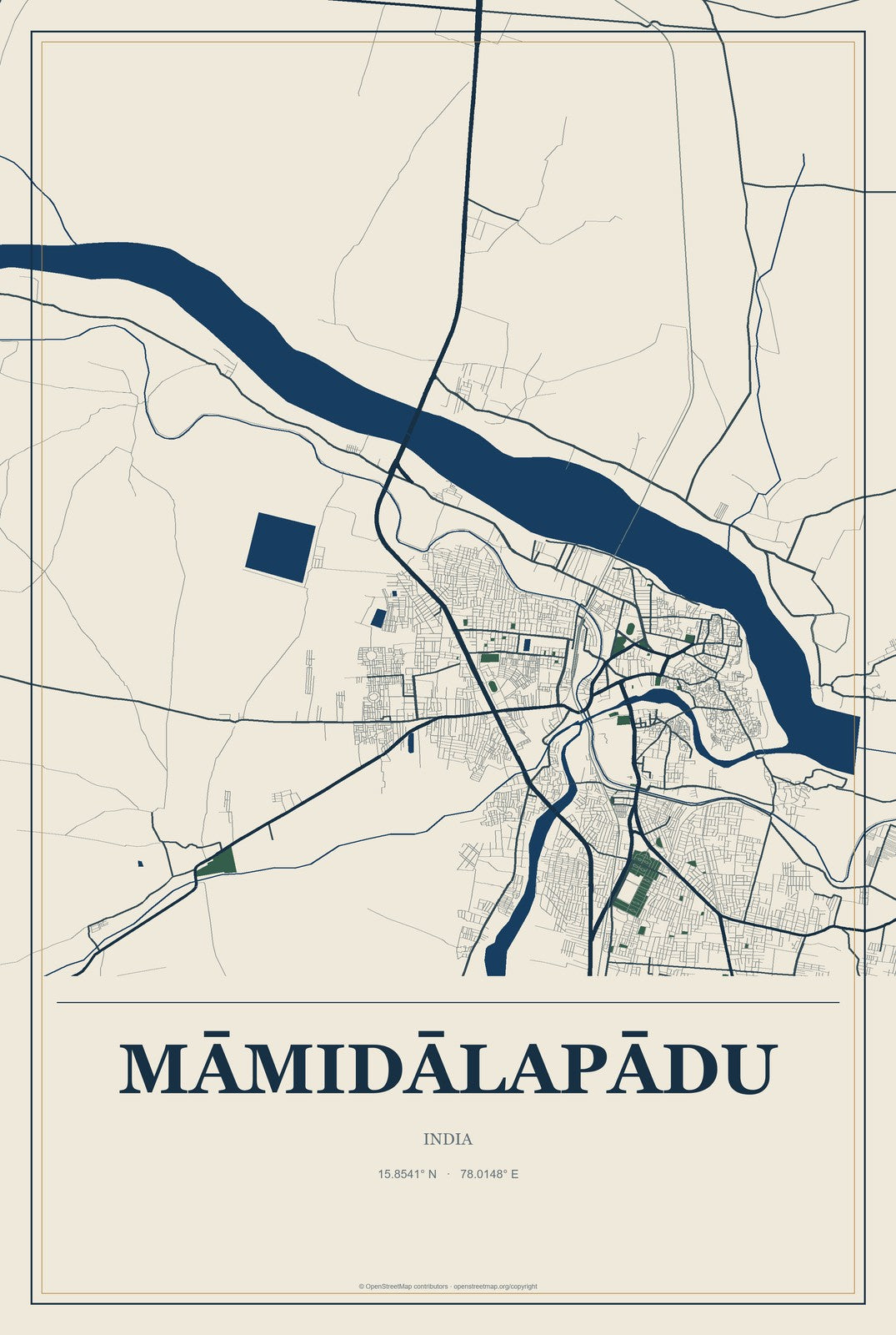 Māmidālapādu, India City Map Aluminum Sign in Coastal Cutout style