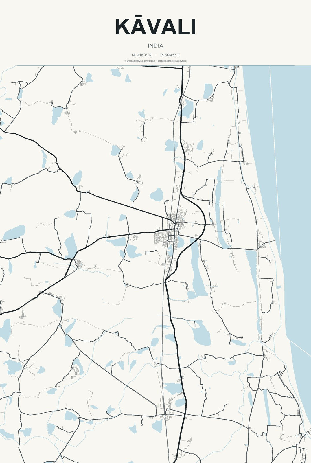 Kāvali, India City Map Aluminum Sign in Headline Atlas style