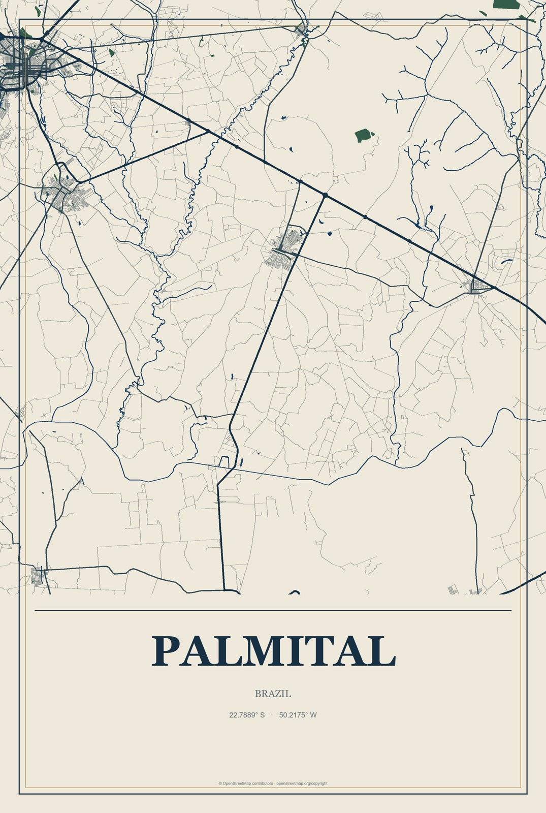 Palmital, São Paulo, Brazil City Map Aluminum Sign in Coastal Cutout style