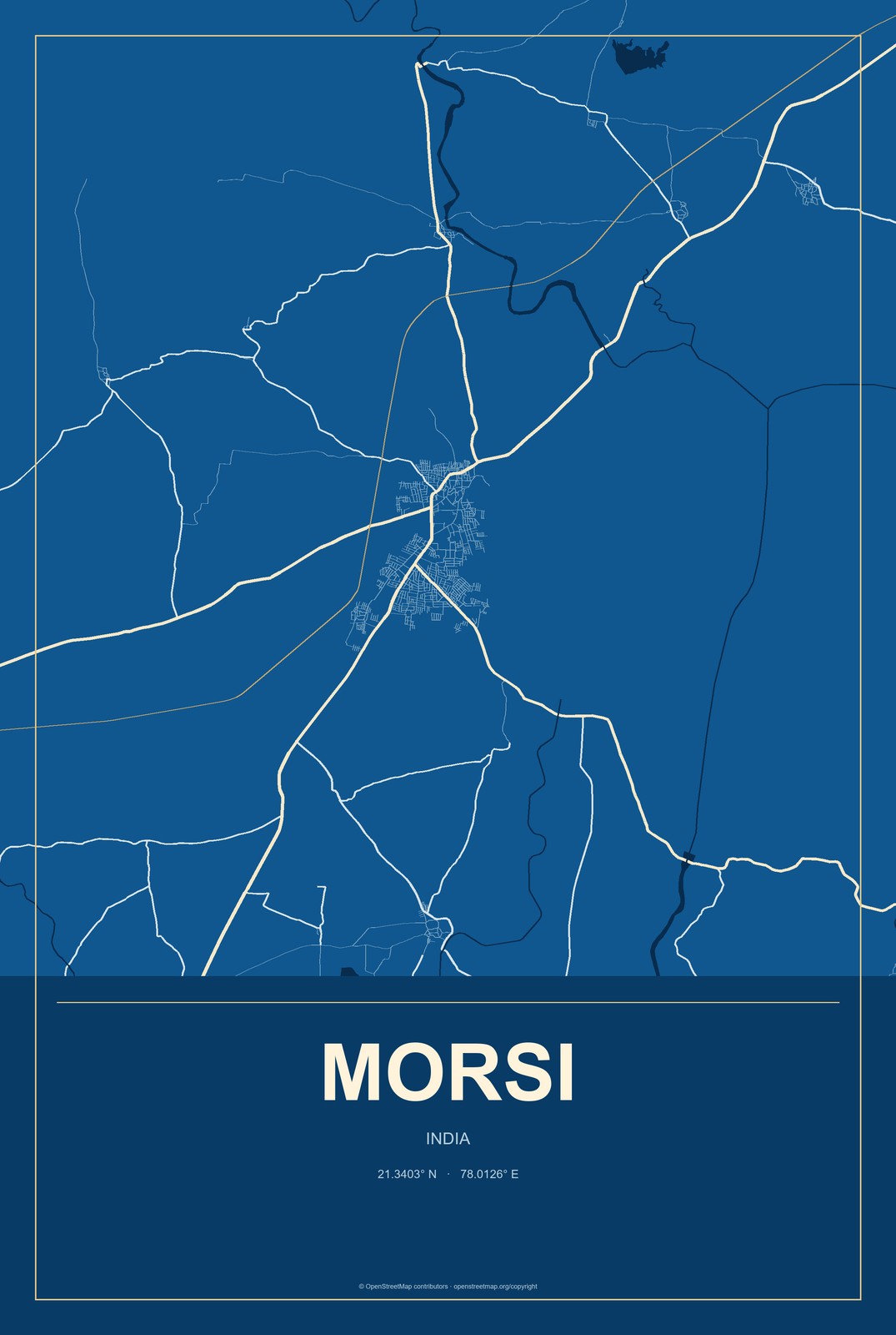Morsi, India City Map Aluminum Sign in Harbor Cobalt style
