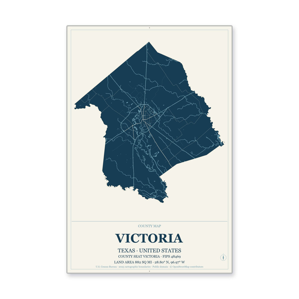 Victoria County, Texas Map Aluminum Sign in Coastal Cutout style