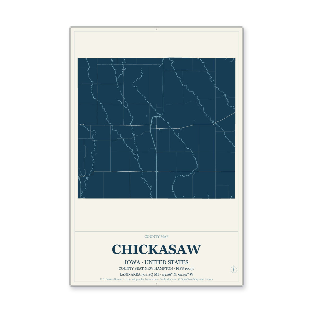 Chickasaw County, Iowa Map Aluminum Sign in Coastal Cutout style