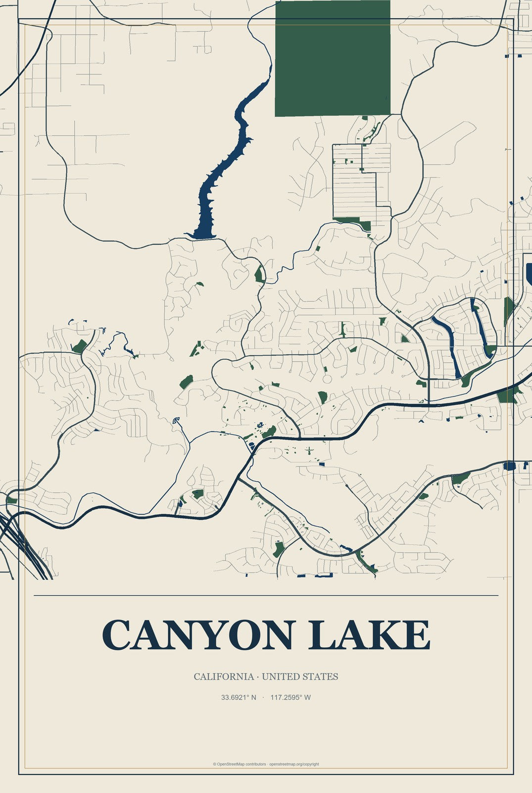 Canyon Lake, California City Map Aluminum Sign in Coastal Cutout style