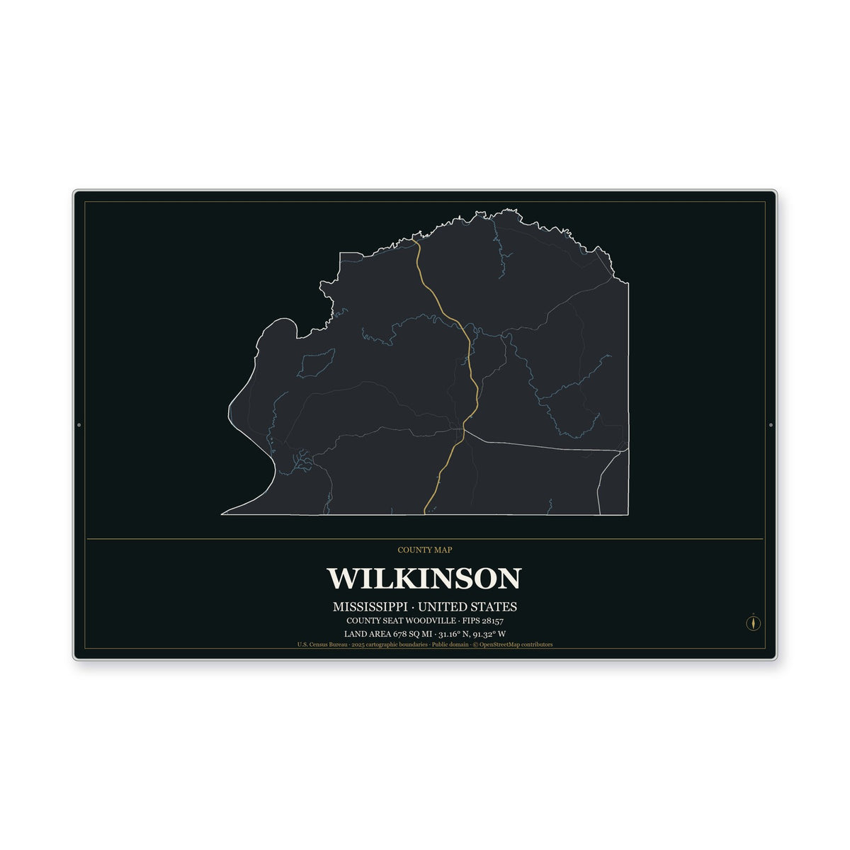 Wilkinson County, Mississippi Map Aluminum Sign in Metropolitan Noir style
