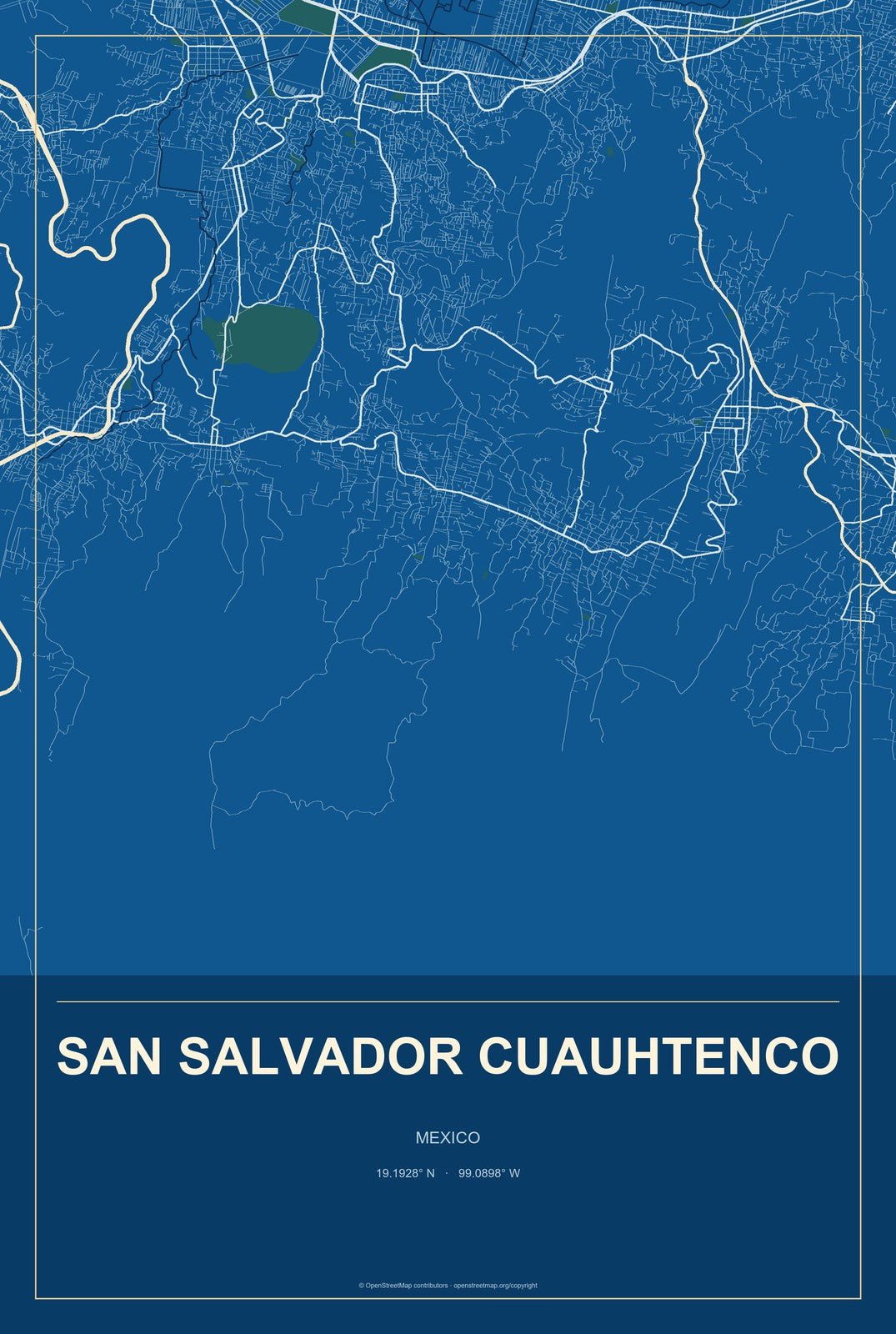 San Salvador Cuauhtenco, Mexico City Map Aluminum Sign in Harbor Cobalt style