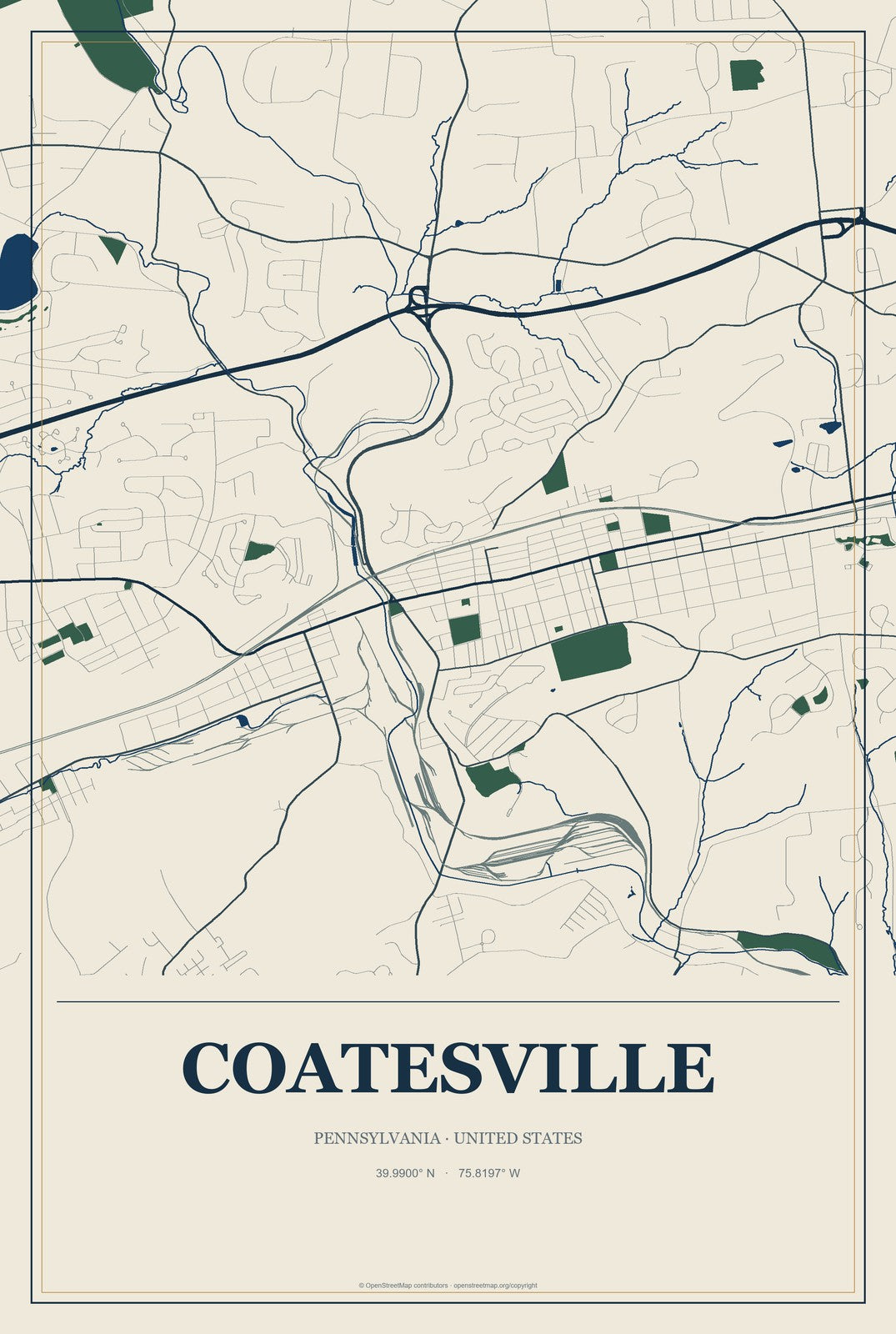 Coatesville, Pennsylvania City Map Aluminum Sign in Coastal Cutout style