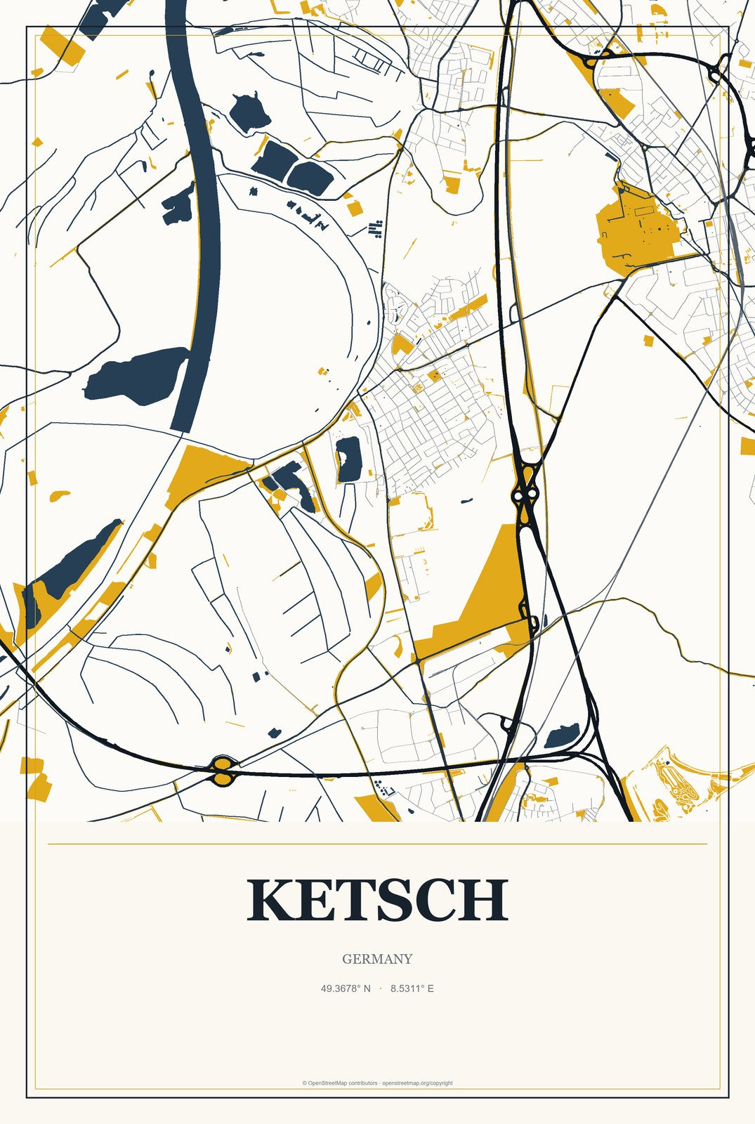 Ketsch, Germany City Map Aluminum Sign in Citrine Modern style