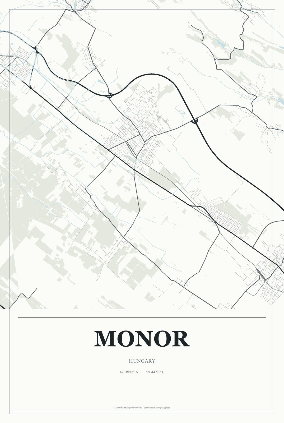 Monor, Hungary City Map Aluminum Sign in Gallery Air style