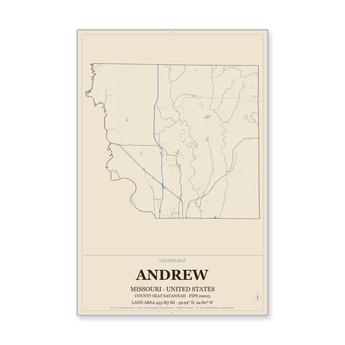 Andrew County, Missouri Map Aluminum Sign in Heritage Nautical style